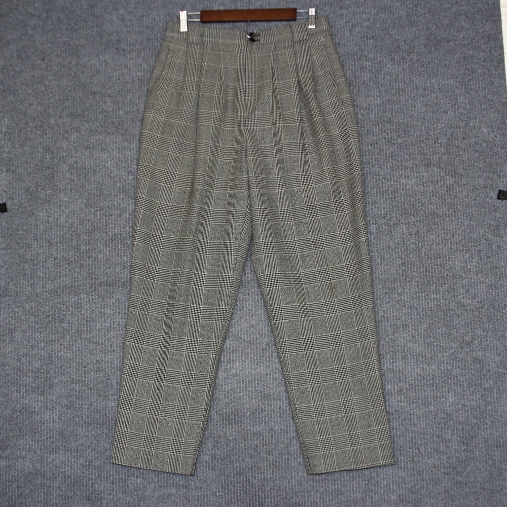 VTG Herman Geist Pleated Plaid‎ Wool Blend Women Pants Size 12P Gray Black
